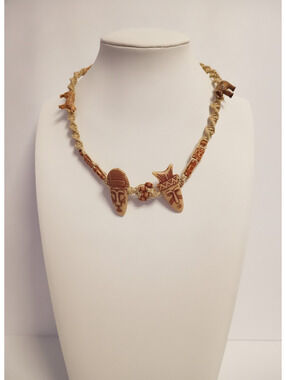 Vintage Braided Rope Choker Necklace with Tribal Face and Animal beads